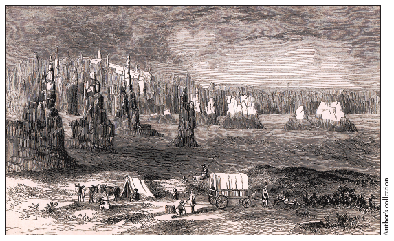 Image: Fig. 1-5. This illustration of “Mauvaises Terres, or Bad Lands of Dacotah,” which appeared in Alexander Winchell’s Sketches of Creation (1871), typifies the heavily eroded landscapes that reminded travelers of ancient ruins or minarets.