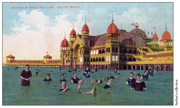 Image: Fig. 3-10. Postcard titled “Bathing in the Great Salt Lake, Saltair Beach” (ca. 1909) shows the spectacular Moorish-style Saltair pavilion, which was built by the Mormon Church to provide wholesome entertainment.
