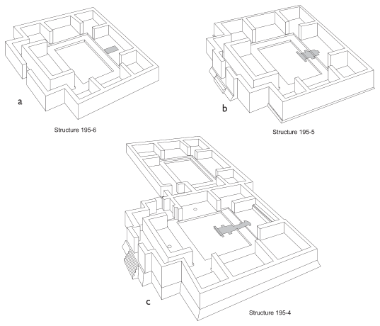 Image: 5.20. Isometric reconstructions of Structure 195-6, 195-5, and 195-4