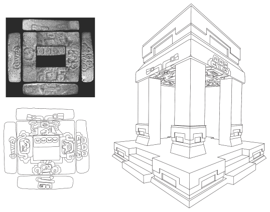 Image: 9.29. Hypothetical reconstruction of a quadripartite ancestor memorial with a carved monolith of unknown provenience