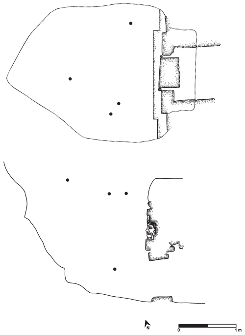 Image: 7.10. Distribution of fragments of a jaguar effigy vessel in front of Tomb 6