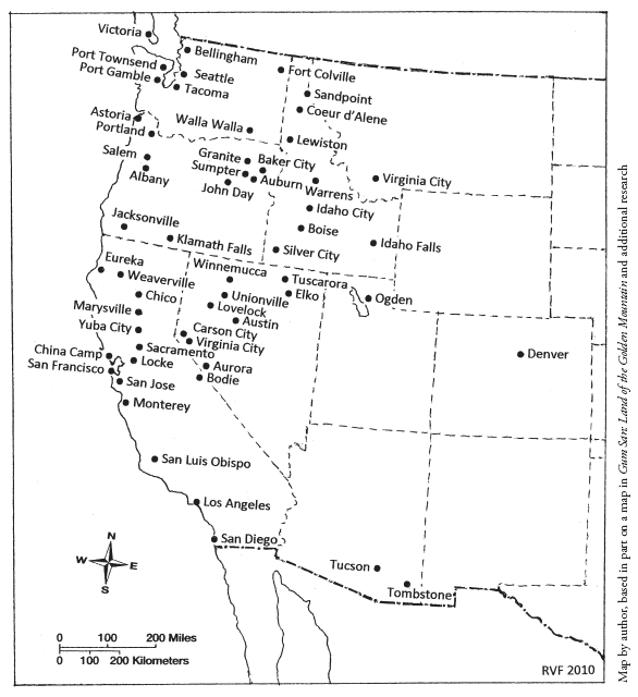 Image: Fig. 7-3. A map of the American West showing communities with significant Chinese populations, ca. 1900, reveals their presence in ports (fishing, commerce), along railroads, and in mining areas.