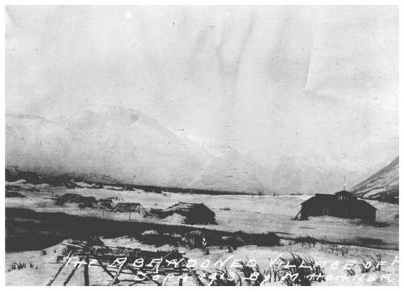 Image: Village of Katmai after eruption, 1913. By Mel Horner. KATM 40415, Lake Clark Katmai Center. Natives abandoned Katmai and five other small villages during the eruption and did not reestablish them; the sites became part of Katmai National Monument.