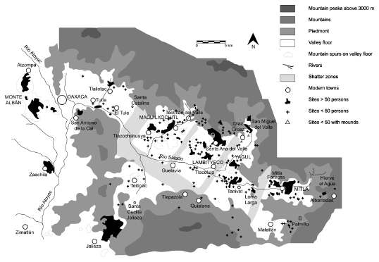 Image: 2.3. Xoo phase settlements in the Tlacolula arm of the valley (base map and locations of modern towns redrawn and modified from Welte 1965; site locations redrawn from Kowalewski et al. 1989:maps 6 and 7)