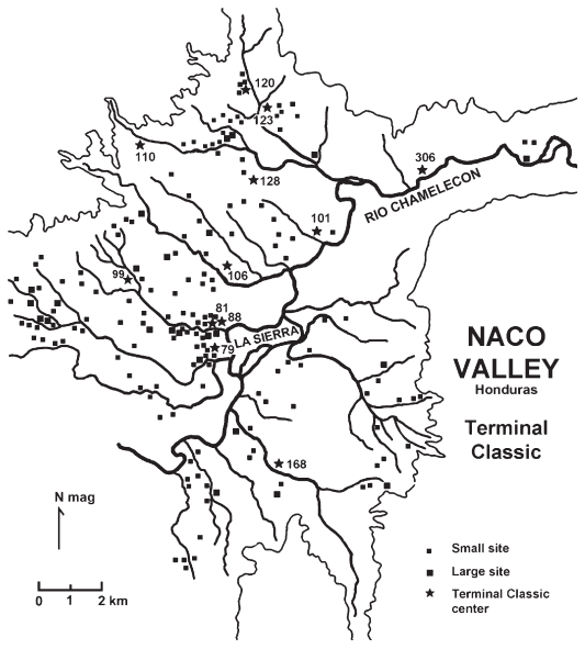 Image: FIGURE 9.1 Map of settlement distribution within the Late and Terminal Classic Naco valley. Note the juxtaposition of Sites PVN 99 and Naco, on the one hand, and Sites PVN 144 and PVN 128, on the other.