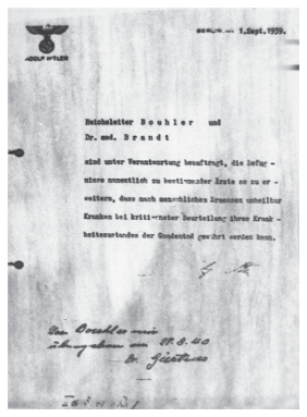 Image: Figure x.1. The Hitler “Euthanasia” Decree, signed in October 1941 but backdated to September 1, 1941. Source: Wiki Commons (public domain)