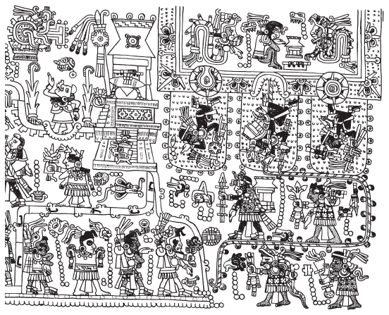 Image: 4.3a. Lord 12 Wind arriving at Monte Albán (Codex Tonindeye, 19a).