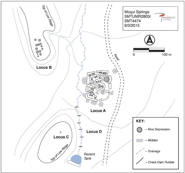 Black and white plan map of Moqui Springs Pueblo