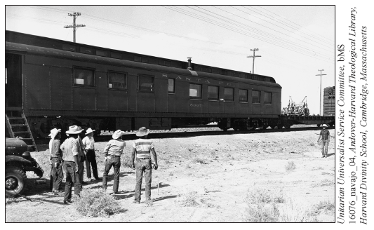Image: A Santa Fe Railway photo of Instruction Car #5007 taken at Kramer, California. This railway coach car was converted into a classroom and recreation car for the Navajos in the track gangs. The men are playing horseshoes.