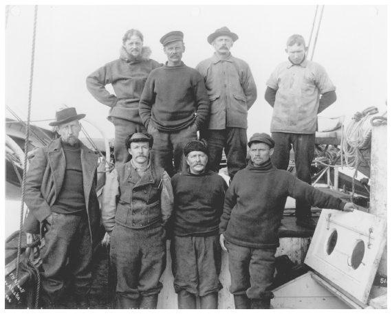 Image: Captain Roald Amundsen (left front) and crew of Gjoa, Nome, September 1, 1906, one day after arriving from completion of the Northwest Passage. Bancroft Library, University of California Berkeley. On his 1,000-mile overland trip from Herschel Island in midwinter, Amundsen traversed parts of the future Arctic Refuge.