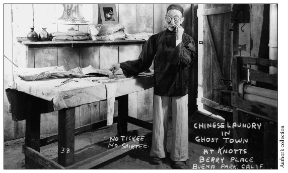 Image: Fig. 9-3. Building on venerable stereotypes, a photographic postcard of the Chinese laundry in Ghost Town, Knott’s Berry Farm (ca. 1953) portrays a stereotyped Chinese man.