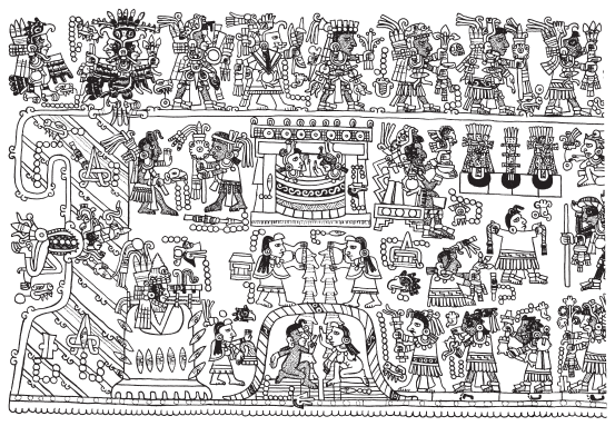 Image: 4.3b. The marriage of Lord 12 Wind and Lady 3 Flint at Monte Albán (Codex Tonindeye, 19b).