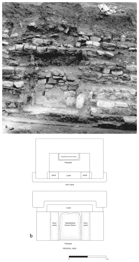 Image: 9.22. Niche in the main stairway of Mound 195 and hypothetical reconstruction