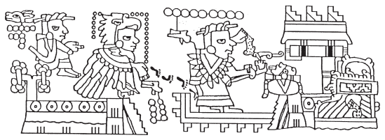 Image: 5.8. Lady 9 Wind, coming from Lord 8 Wind and Lady 10 Deer, makes an offering to the Sacred Bundle in Añute (Codex Añute, 5-III).