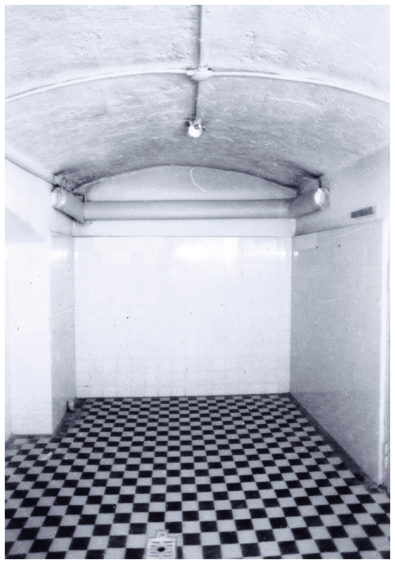 Image: Camouflaging mass murder: the Hadamar gas chamber disguised as a shower room. The architects of the Final Solution would imitate this practice—first introduced during the T-4 program—of deceiving murder victims by conveying to them a false appearance of normality. Courtesy Archiv des Landeswohlfahrtsverbandes Hessen, Kassel