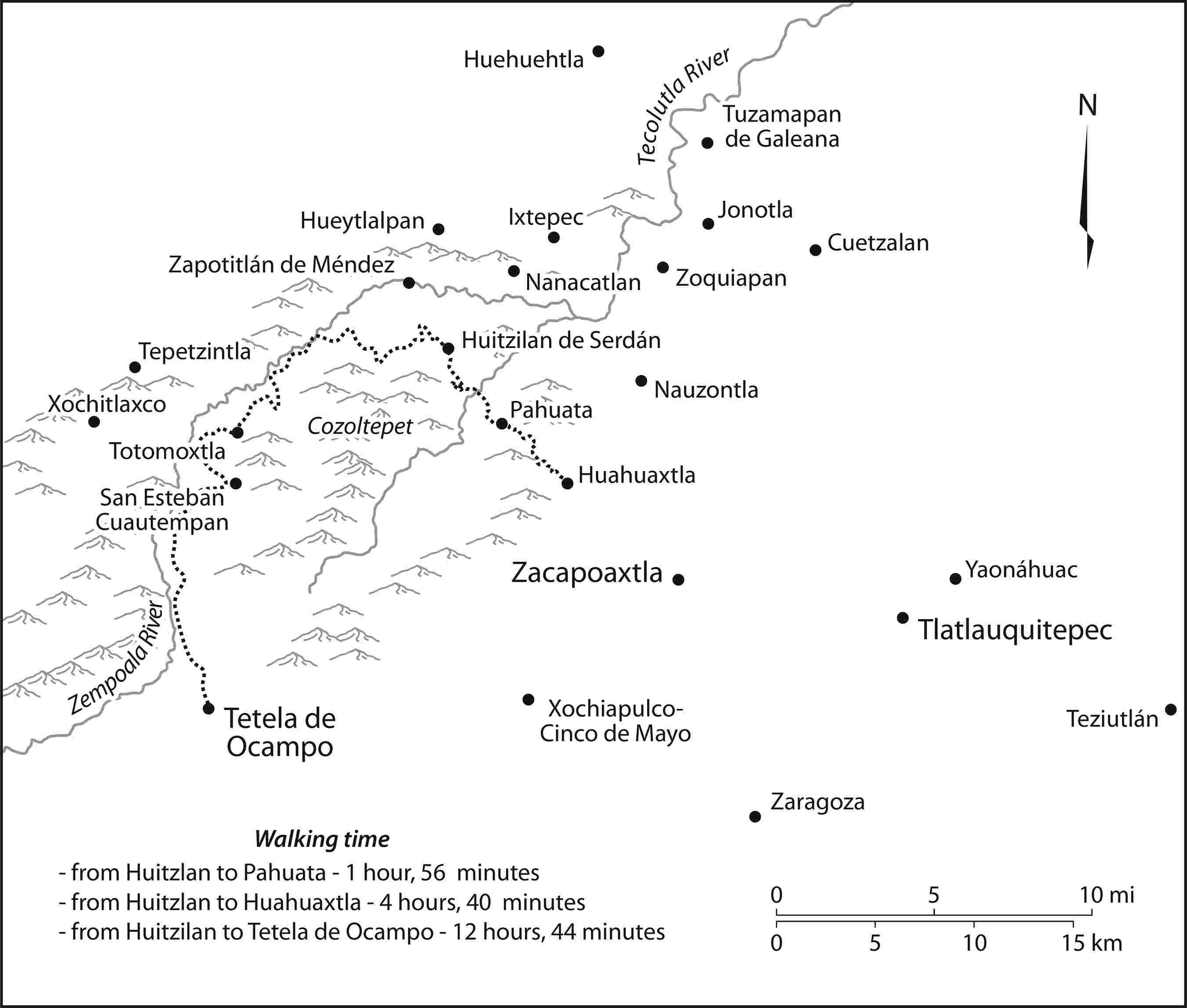 Figure 1.1. Map of the southern Sierra Norte de Puebla showing Huitzilan’s location and walking distance from Tetela de Ocampo, Zacapoaxtla, and other commercial centers in the southern Sierra Norte de Puebla.