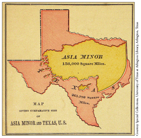 Image: Fig. 4-7. This map of Asia Minor superimposed on Texas, which appeared in Jesse Lyman Hurlbut’s The Bible Atlas (1884), provides a size comparison but also equates the two places in the popular mind.