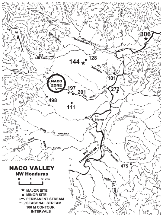 Image: FIGURE 1.2 Map of the Naco valley showing the distribution of known Roble phase (Late Postclassic) settlements. La Sierra on the Rio Chamelecon was the capital of the valley during the Late Classic and shows signs of scant use during the Roble phase.