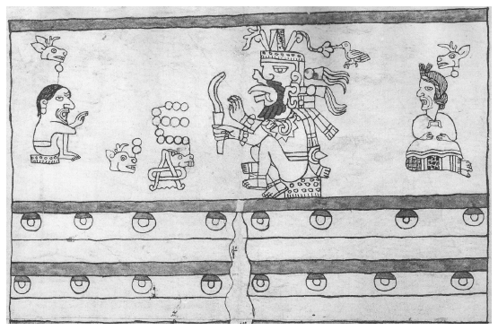 Image: 3.20a. The Primordial Couple (Lord 1 Deer and Lady 1 Deer) with Lord 9 Wind ‘Quetzalcoatl’ in Heaven (opening scene of the Roll of the New Fire).