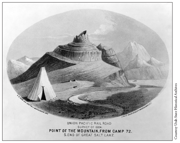 Image: Fig. 3-7. In this illustration from the Union Pacific Railroad Survey of 1864, the topography at Point of the Mountain, Utah Territory, appears to be as much an ancient ruin as a geological feature.