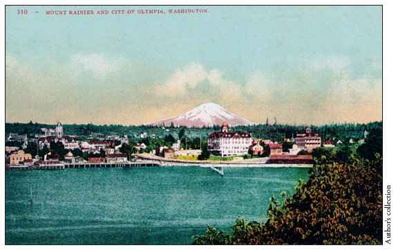 Image: Fig. 7-7. Postcard view of Mount Rainier as seen from Olympia, Washington (ca. 1915).