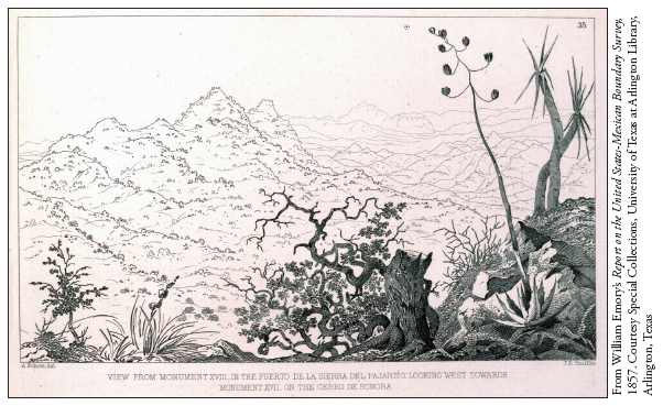 Image: Fig. 4-1. A mid-nineteenth century drawing showing a portion of the US-Mexico border in Arizona Orientalizes aspects of the landscape.