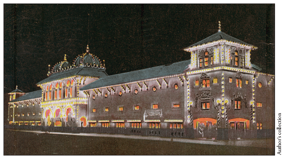 Image: Fig. 6-2. In an evocative night scene that hints at pleasure palaces in the Near East, a postcard mailed in 1910 shows the ornate Bath House in Redondo Beach, California.