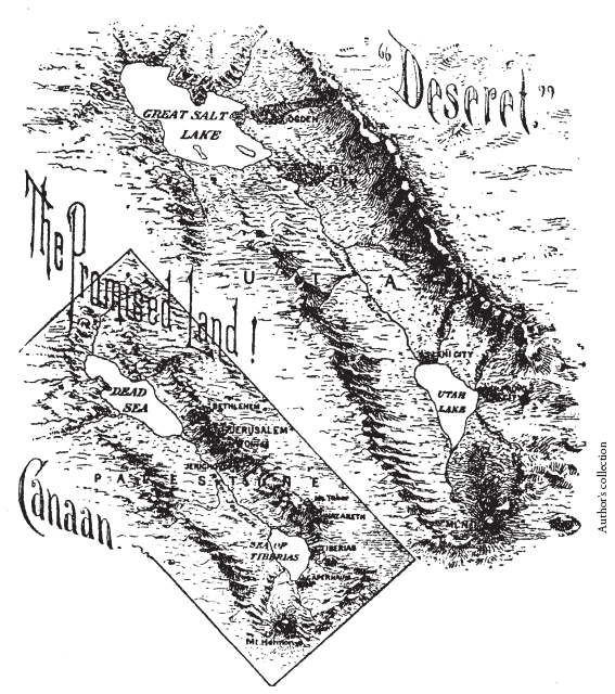Image: Fig. 3-9b. This map in the Rio Grande Western Railway’s promotional brochure titled Pointer to Prosperity (1896) shows “A Striking Comparison” between the topography of the Holy Land and Utah.