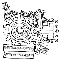 Image: 2.5. A nahual shrine (round altar with Fire Serpent) connected to the entrance (mouth) of a ball court (Codex Tonindeye, 15).