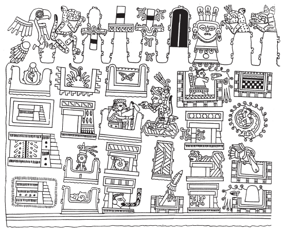 Image: 4.8a. The landscape Mountain of the Rain God, with Yucu Tnoo as a central place (Codex Yuta Tnoho, 9–10, left-hand side).