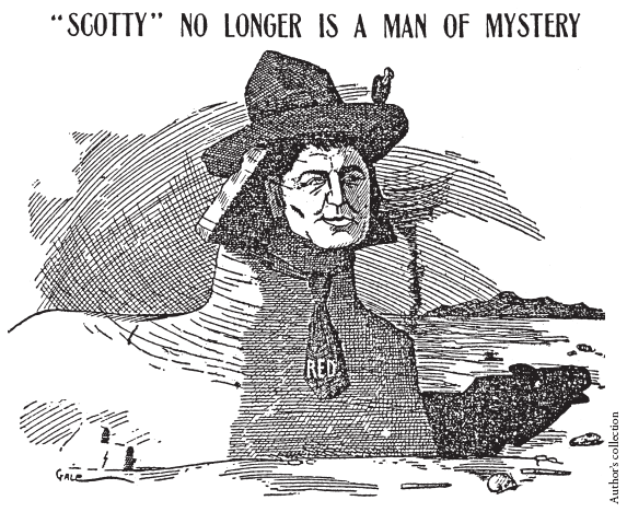 Image: Fig. 2-5. On March 19, 1906, the Los Angeles Evening News featured a cartoon showing Death Valley Scotty as the sphinx, complete with a vulture perched ominously on his hat.