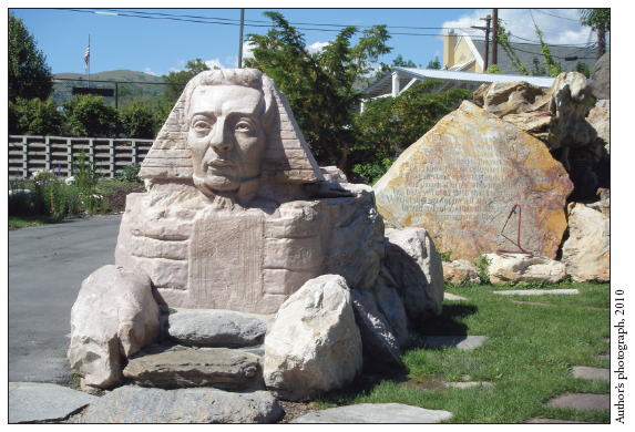 Image: Fig. 8-4. In Salt Lake City’s Gilgal Garden, Mormon prophet Joseph Smith appears as the sphinx, situated in front of a Rosetta-like stone.