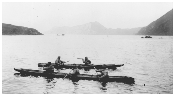 Image: Aleut sea otter hunters, Unalaska, 1891 or 1892. Revenue cutter Bear coll. 89-193-57, University of Alaska Fairbanks, Alaska and Polar Regions Archives. Employing baidarkas, lances, and guns, Aleuts and Koniag Eskimos conducted most sea otter hunting.