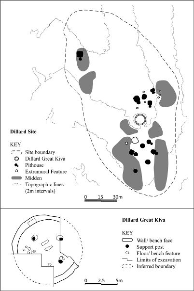 Map showing the layout and features within the Dillard site on the top and a schematic of the Dillard Great Kiva below