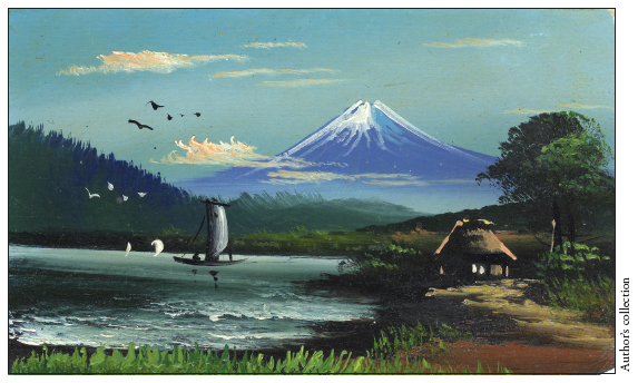 Image: Fig. 7-5. In this beautiful, hand-painted postcard (ca. 1915), Fujiyama looms above the surrounding forested landscape near the coast.