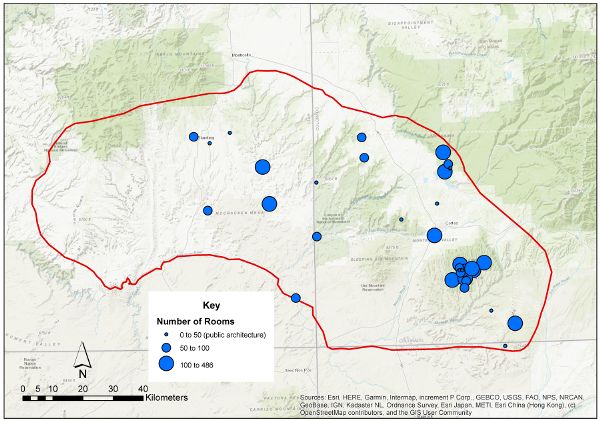 Study area in southwest Colorado and southeast Utah, and distribution of early centers in AD 600-900, with centers concentrated on Mesa Verde cuesta