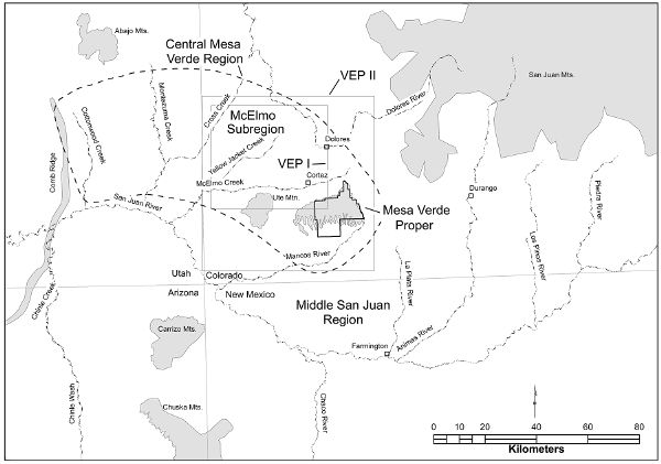 Locations of central Mesa Verde and middle San Juan regions, McElmo and Mesa Verde Proper subregions, and 2 Village Ecodynamics Project study areas