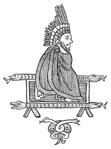 Image: 1.6. Toltec ruler Quetzalcoatl, seated on a nahual throne, according to Duran.