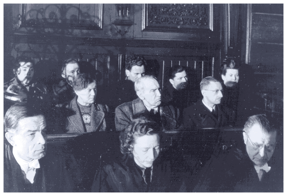 Image: The German Hadamar Trial. Second row, left to right: chief nurse Irmgard Huber, Dr. Adolf Wahlmann, Dr. Bodo Gorgass. Courtesy the Landeswohlfahrtsverband Hessen