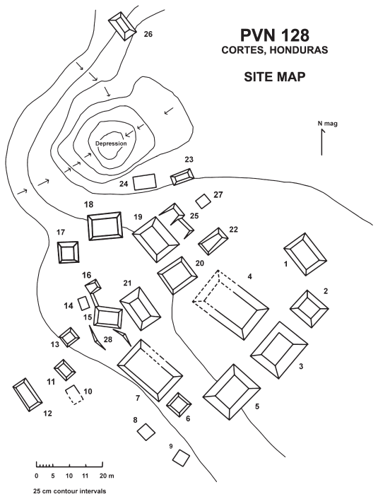 Image: FIGURE 9.2 Map of Site PVN 128, a Terminal Classic center in the Naco valley