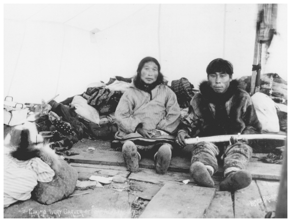 Image: Eskimo carver, Nome, ca. 1887. Powell coll. 64-43-213, University of Alaska Fairbanks, Alaska and Polar Regions Archives. A traditional cultural and commercial activity, ivory carving helped sustain the Eskimo economy after World War II.