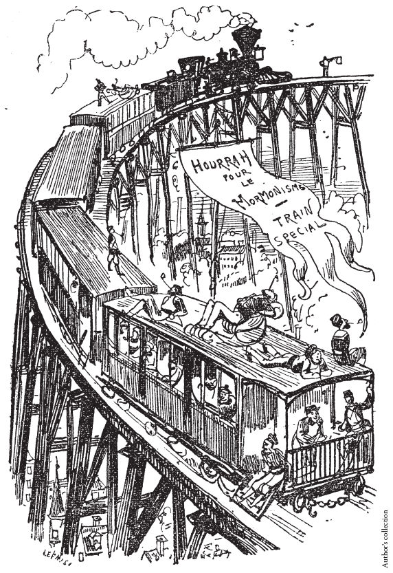 Image: Fig. 3-4. This humorous illustration of a train departing for the city of the Mormons appeared in Albert Robida’s Voyages Très Extraordinaires (1885).