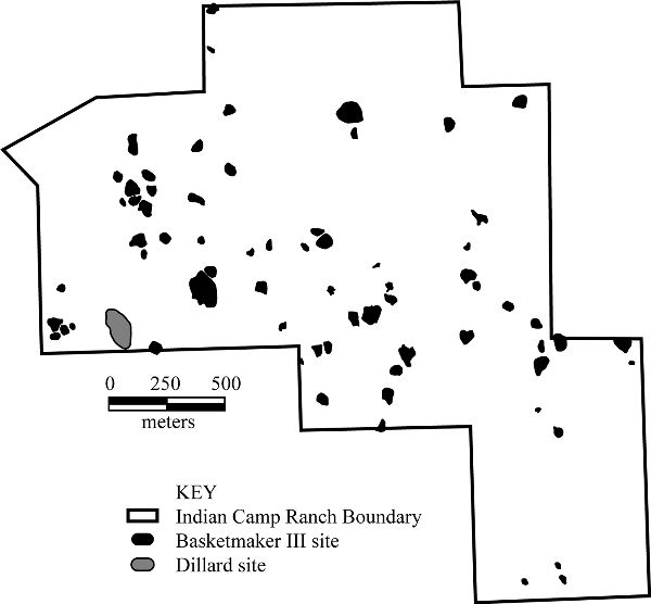 Map showing the boundary of the Indian Camp Ranch and the Basketmaker 3 period sites within it