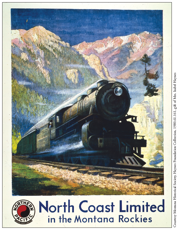 Image: Fig. 7-8. Poster of the North Coast Limited in the Montana Rockies by Gustav Wilhelm Krollman (ca. 1930), features the Northern Pacific Railway’s monad (yin/yang) logo.