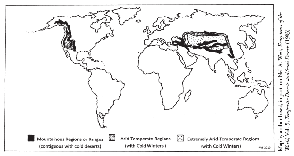 Image: Fig. 2-3. A map of the world’s temperate deserts having cold winters helps explain similarities between the interior American West and portions of Uzbekistan and southwestern Asia.