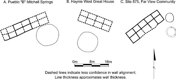 Black and white line drawings of six structures with dashed and solid lines