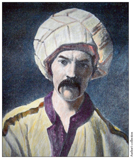 Image: Fig. 3-3. In this hand-colored image of renowned Orientalist Richard F. Burton, ca. 1848, the British explorer wears the turban and robes of a half-Arab and half-Persian from Bushire.