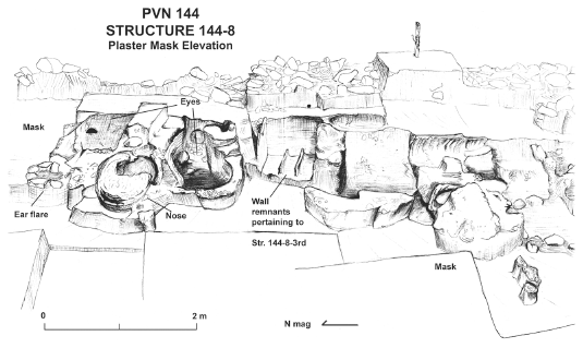 Image: FIGURE 4.9 Elevation of Structure 144-8’s west side showing the stucco masks and evidence of earlier (Structure 144-8-3rd) construction (original drawing by Heather Ogston).
