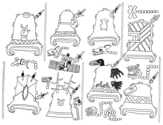 Image: 6.6a. Conquests of Lord 8 Deer in the Mixtec coastal region; in the right-hand column, Yucu Yuu (Tetepec) and Dzini Titi (Huaxpaltepec) (Codex Tonindeye, 48).