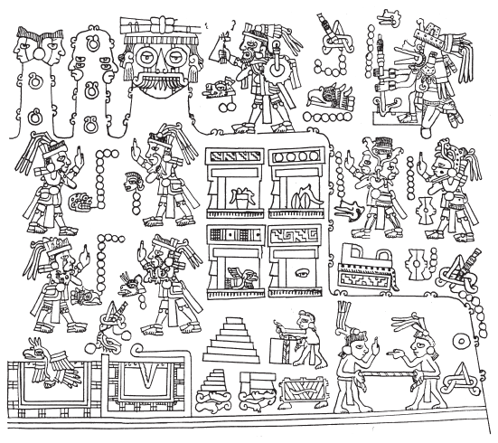 Image: 4.8b. New Fire ceremony for the landscape of Mountain of the Rain God (Codex Yuta Tnoho, 9–10, right-hand side).